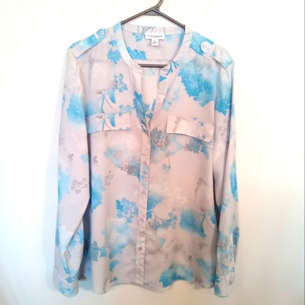 Calvin Klein Women's Dove Grey Blue Floral Long Sleeve Button Up Blouse Size XL